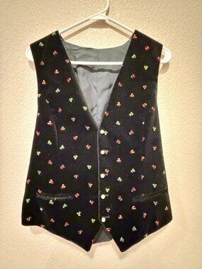 Vintage Black Velvet Floral Embroidered Vest Pearl Button V-Neck Lined Cottage S